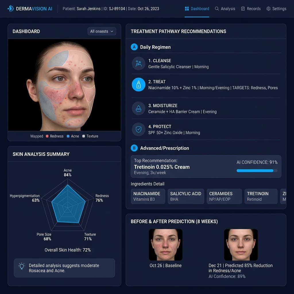 SkinX AI recommendation engine dashboard with treatment pathways and confidence scores