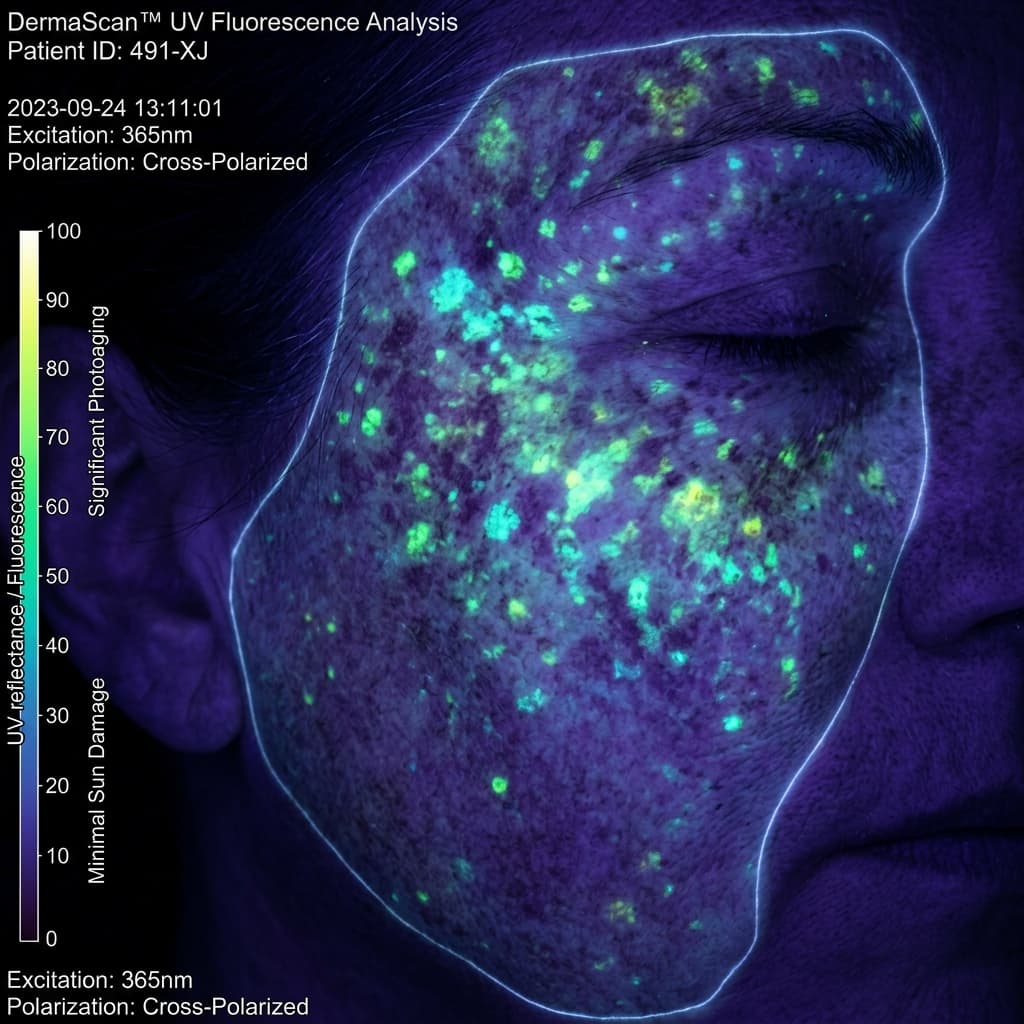 SkinX UV fluorescence pigmentation analysis showing sub-surface melanin deposits