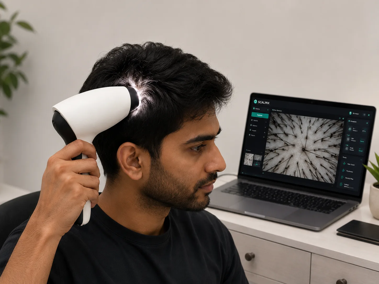 A clinician scanning a patient's scalp with Calibra